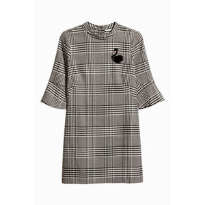 H&M Black and White Woven Houndstooth Dress with Sequin Swan Sz 4